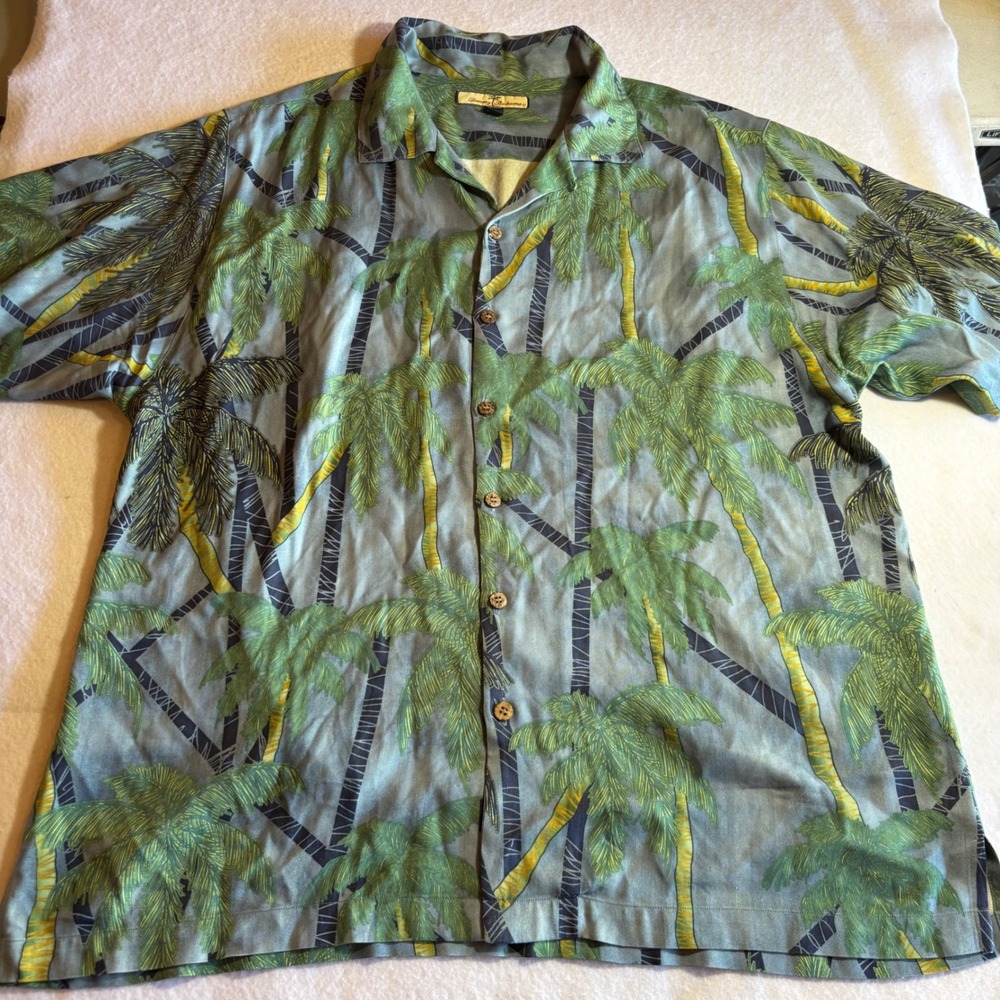 Tommy Bahama XXL 100% Silk Hawaiian Shirt Palm Tree Print‎ Mens